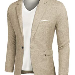 COOFANDY Men Suit Jacket Linen Slim Fit Sport Coat Business Fashion Daily Blazer Light Khaki -