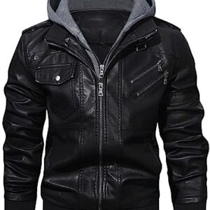 HOOD CREW Men’s Casual Stand Collar PU Faux Leather Zip-Up Motorcycle Bomber Jacket With a Removable Hood -