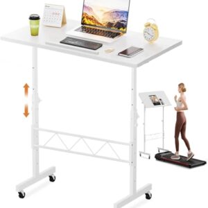 COMHOMA Small Standing Desk Adjustable Height & Tiltable Tabletop, Mobile Stand Up Desk for Laptop, Portable Computer Table for Home Office Work and Walking Pad Treadmill, Height 30.7"-46.4", White -