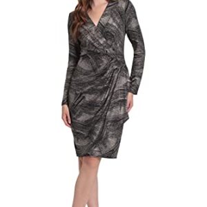 London Times Women's Petite Long Sleeve Surplus Bodice Dress with Draping Detail, Gold/Black, 4 -