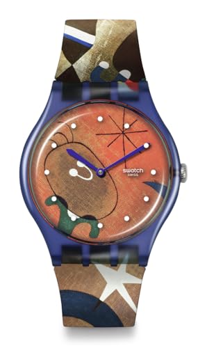 Swatch Unisex Casual Bioceramic Watch Blue Art Journey Miro's Women & Bird in The Moonlight -