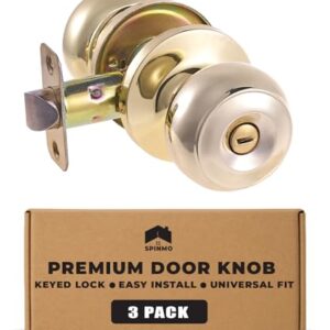 SPINMO Privacy Door Knob with Lock for Bedroom Bathroom Interior Door Handle Easy Install Room Door Locks Indoor Door Knob Set Privacy Door Handle Gold Knobs for Home Office (Gold, 3 Pack) -