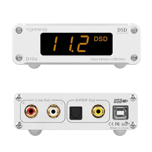 TOPPING D10s USB DAC, XMOS XU208 ES9038Q2M DSD256 PCM 32Bit/384kHz, USB to RCA Coaxial and Optical Outputs, Hi-Res Audio Decoder for Desktop PC/Phone (D10S-Silver) -