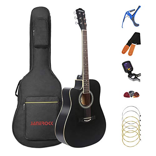 Left Handed Guitar,Left Handed Acoustic Guitar Cutaway 41 inch Full-size Beginner Guitar Package with Gig Bag Tuner String Strap Capo,Black By Janerock -