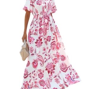 KIRUNDO Women Puff Sleeve Boho Floral Maxi Dress 2025 Spring Summer Button Shirt V Neck Flowy Belted Beach Vacation Dresses(Floral White Rose Red, X-Large) -