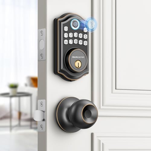 AkaGear Keyless Entry Door Lock with Door Knob Handle, Fingerprint Door Locks, Electronic Smart Deadbolt, Keypad Door Lock with Code, Smart Locks for Front Doors, Auto-Lock & One Touch Locking -