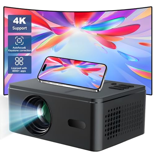 [4K Support & Auto Focus] Mini Projector with WiFi and Bluetooth, 4K 1080P Native Projector Keystone&Zoom, 20W Speaker, 180°Adjustable Portable Projector for Phone, Laptop, Bedroom, Outdoor -