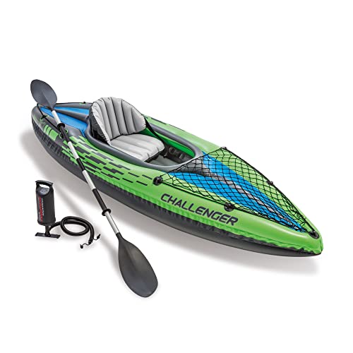 Intex 68305EP Challenger K1 Inflatable Kayak Set: Includes Deluxe 86in Kayak Paddles and High-Output Pump – Adjustable Seat with Backrest – Removable Skeg – 1-Person – 220lb Weight Capacity -