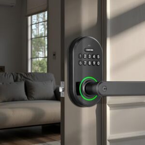 Smart Keypad Door Lock with Handle, Keyless Entry Door Lock for Front Door, Bedrooms, Electronic Door Knob with Code, Durability Door Lever - Easy Installation, Black -