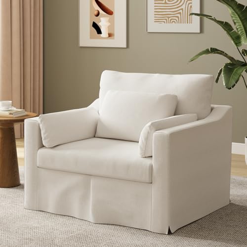 Oversized Accent Chair, 42 Inch Wide Slipcovered Sofa Chair with 3 Throw Pillows, Deep Seat Armchair w/Pocket Spring Cushion, Sloped Arms, Modern Single Couch for Living Room, Apartment, Beige -