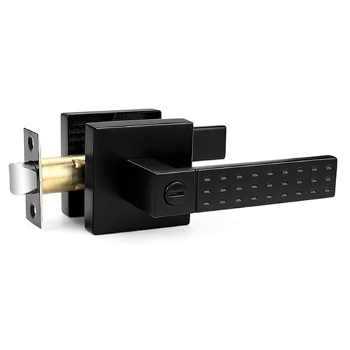 Probrico Privacy Door Handle Non-Slip Grip, Heavy Duty Interior Door Handles for Bathroom Bedroom with Lock, Square Knob Lockset for Left and Right Handed Doors, Black, 1 Pack -