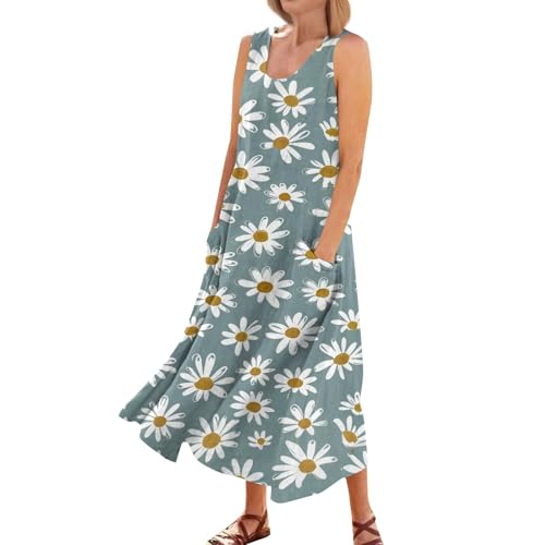 Cotton Linen Plus Size Summer Dresses for Curvy Women 2025 Casual Floral Maxi Sleeveless Tank Dress Beach Boho Sundresses with Pockets Light Blue XXL -