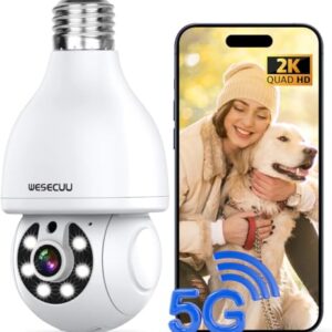 WESECUU Light Bulb Security Camera, 2.4G/5G WiFi Security Cameras Wireless Outdoor,Bulb Camera for Home Security, 2-Way Talk, Human Detection, Color Night Vision, Compatible with Alexa (One Pack) -