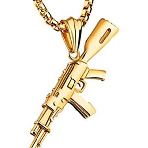 Greendou Fashion Men's Jewelry Hip Hop Titanium Stainless Steel AK-47 Gun Pendant Necklace with 24" Rolo Chain (Gold) -