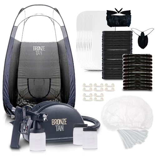 Bronze Tan Professional Spray Tanning Essentials Kit - Includes Machine, Quick-Setup Tent, Spray Tan Feet Pads, Hair Nets, Nose Plugs, Undergarments- Ideal for Salon & Home Use -