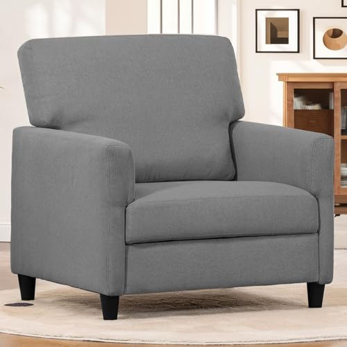 COMHOMA Mid-Century Accent Chair,Modern Upholstered Linen Fabric Chair with Thick Cushion&Solid Legs,Comfy Single Sofa Armchair for Living Room,Bedroom(Grey) -