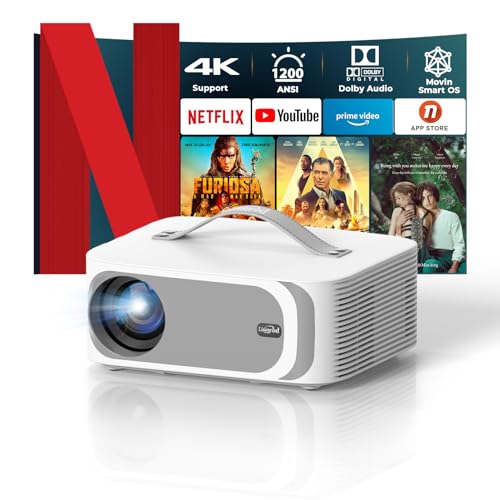 [AI Movin System & 1200 ANSI] Projector-4K with WiFi 6 and Bluetooth, 30W DoIby Audio Netflix-Licensed Projector, One-touch Focus Portable 1080P Outdoor-Projector, Lisowod Smart Proyector with HDR10+ -