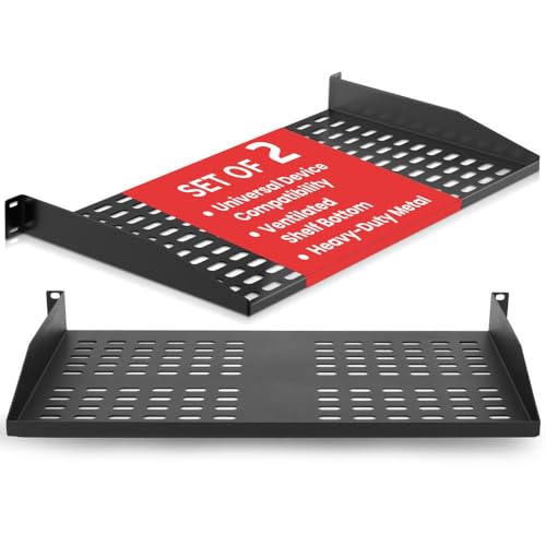 Pyle 2-Pc 1U Server Rack Shelf, Vented Shelves for Good Air Circulation, Cantilever Mount, Wall Mount Rack, Universal Device, Cabinet Shelf, Computer Case Mounting Tray, Black-Pyle PLRSTN14UX2 -