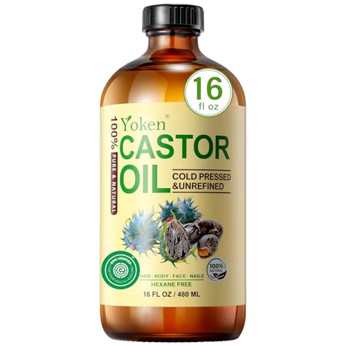 Yoken EWG Verified Castor Oil Glass Bottle 16 fl oz 100% Pure Natural Cold Pressed Castor Oil for Face, Body, Hair, Eyelash, Skin - Hexane Free, Unrefined, Virgin, Rich Fatty Acid for Caster Pack Wrap -