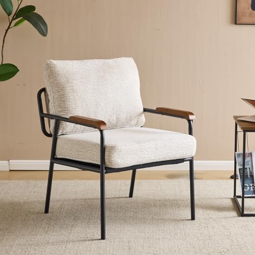 VINGLI Accent Chair，Mid-Century Modern Armchiar Small Space, Comfy Upholstered Leisure Chair with Wood Arms for Bedroom,Living Room,Reading Room, Beige -