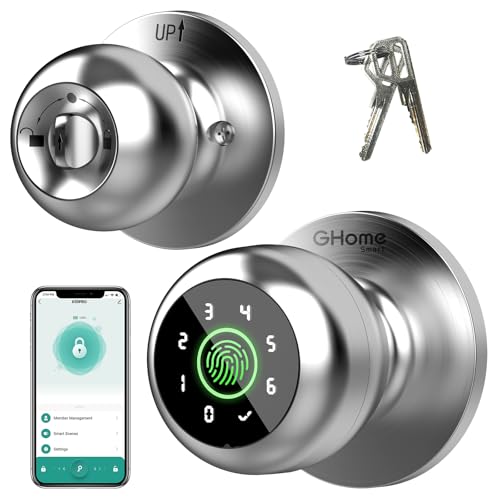 GHome Smart Fingerprint Door Lock, Fingerprint Door Knob with Keypad & App Control & Keys, Auto-Lock, Door Locks for Bedroom/Home/Garage/Apartment/Office, Local Data Storage -