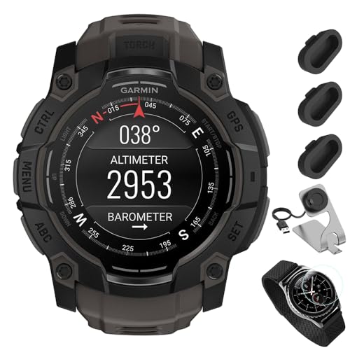 Garmin Instinct 3-50 mm Outdoor GPS Smartwatch, AMOLED, Black with Black Band Bundle with Deco Essentials Charging Dock for Venu 3 + Silicone Dust Cover + Round Tempered Glass Screen Protector -