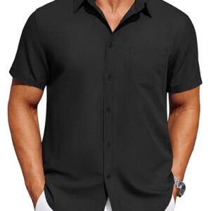 COOFANDY Mens Casual Button Down Shirt Short Sleeve Untucked Shirt Black -