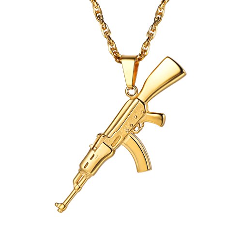 PROSTEEL Men Jewelry AK47 Assault Rifle Shape Pendant Necklace for Him Statement Cool Hippie 18K Gold Plated Hip Hop Chain -