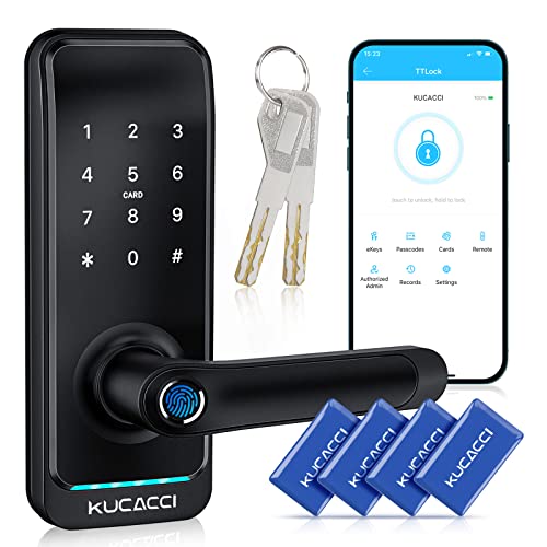 Keyless Entry Smart Lock with Handle: Kucacci Smart Door Lock with Keypad - Digital Fingerprint Lock with Keypad -APP Control for Exterior Door- Easy Retrofit Knob Deadbolt Lever -