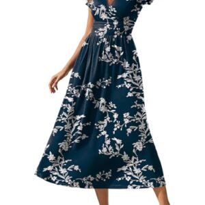 Gracyoga 2025 Summer Casual Navy Wrap Dresses Empire Waist Elegant Dress Short Sleeve Elegant V Neck Outfits White Flower M -