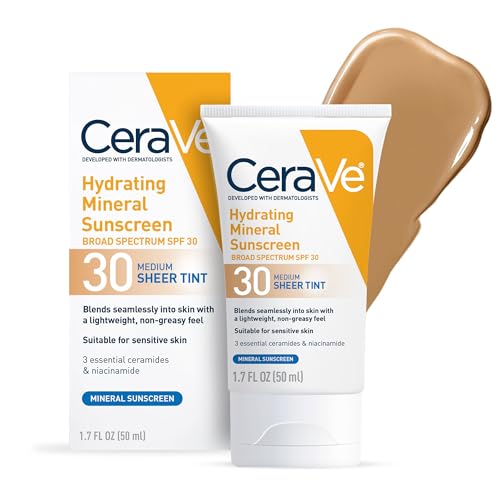 CeraVe Hydrating Mineral Sunscreen SPF 30 with Sheer Tint, Tinted Mineral Sunscreen with Zinc Oxide & Titanium Dioxide, Blends Seamlessly For Healthy Glow, Medium, 1.7 Fluid Ounce -