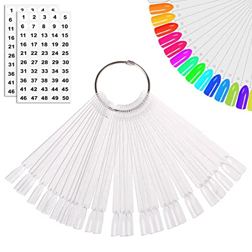 JASSINS 50 Pcs Nail Swatch Sticks with Ring and Numbered Tips - Clear Fan-shaped Display for Nail Art Polish Practice -