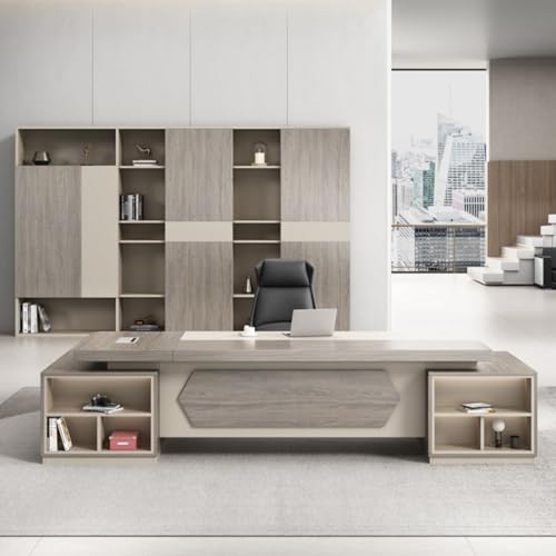 LSIGHTUS Grey L-Shaped Computer Desk Executive Office Desk with Lateral Cabinet Study Writing Table Business Furniture Set -