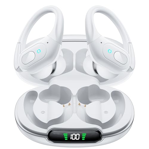 occiam Wireless Earbuds Bluetooth Headphones 90H Playback Sport Ear Buds with Earhook LED Display Charging Case in Ear Sweatproof Running Earphones for Workout iOS Android Cellphone,White -