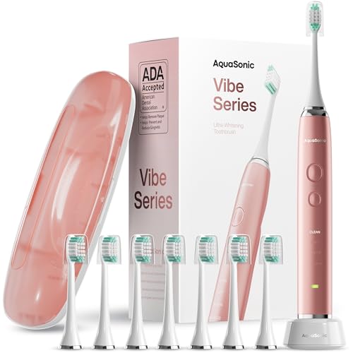 Aquasonic Vibe Series Ultra-Whitening Toothbrush – ADA Accepted Electric Toothbrush - 8 Brush Heads & Travel Case – 40,000 VPM Motor & Wireless Charging - 4 Modes w Smart Timer – Satin Rose Gold -