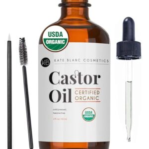 Kate Blanc Cosmetics Castor Oil Organic (2oz), 100% Pure, Cold Pressed, Hexane Free. Natural Oil for Hair, Eyelashes, Eyebrows. Skin Moisturizer with Starter Kit -