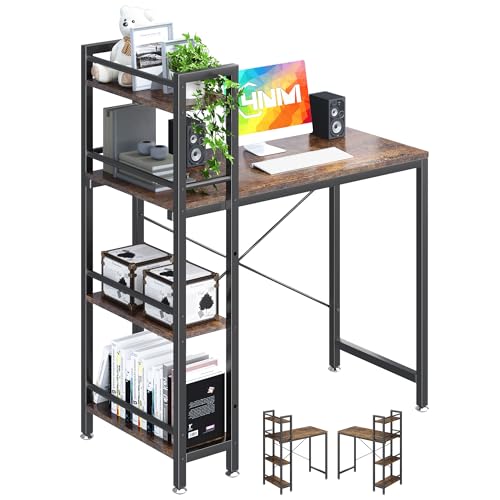 4NM 35" Small Computer Desk with 4-Tier Bookshelf, Home Office Desk Writing Workstation Study Table Multipurpose for Small Space Work - Rustic Brown and Black -