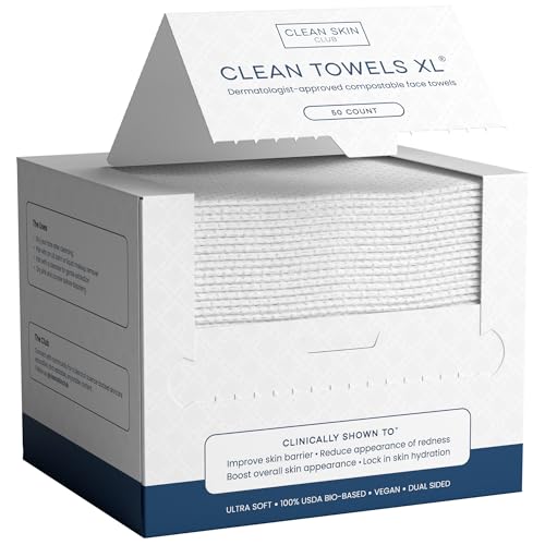 Clean Skin Club Clean Towels XL™, 100% USDA Biobased Face Towel, Disposable Face Towelette, Eczema Association Accepted, Makeup Remover Dry Wipes, Ultra Soft, 50 Ct, 1 Pack -