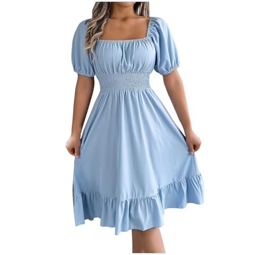 NaRHbrg Women's Summer Puff Sleeve Dress Casual Smocked A-Line Midi Dresses Square Neck Flowy Sundress with Ruffle Hem Light Blue -