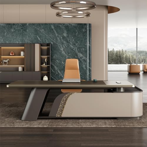 YZABEL Extra Large 102 inch Executive Desk with File Drawers and Lateral Cabinet, L Shaped Solid Wood Office Desk with LED Light Strip, Gaming Table Business Furniture Set Workstation for CEO Boss Ma -