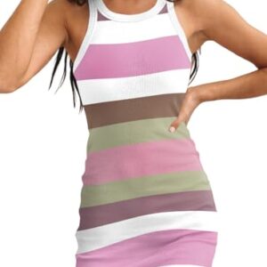 Samefar Womens Summer Sexy Bodycon Dress Scoop Neck Slim Ribbed Sleeveless Tank Dresses Striped Multicolor Pink Mini Dress Medium -