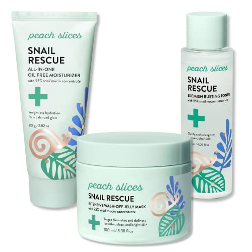 Peach Slices Snail Rescue Bundle | Blemish Busting Toner, Oil-Free Moisturizer & Wash-Off Mask | 95% Snail Mucin Concentrate | All Skin Types -