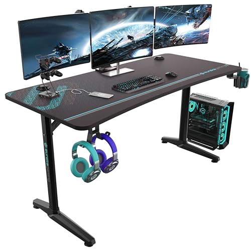 EUREKA ERGONOMIC 60 Inch Gaming Desk with Full Mouse Pad, Large Home Office Curved Computer Desk for 3 Monitors with Cup Holder, Headphone Hook and Handle Rack with USB Charging Ports for Gamer, Black -