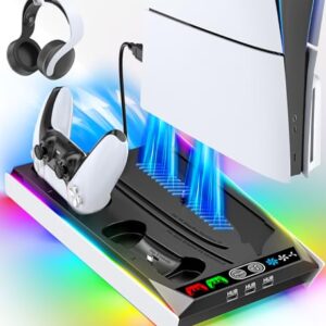 Rysker PS5/Slim/Pro Stand for Disc & Digital Console, PS5 Cooling & Charging Station with RGB Ambient Lighting, PS5 Controller Charger Built-in 3 Level Fan, PS5/Slim/Pro Accessories Comes 3 USB Ports -