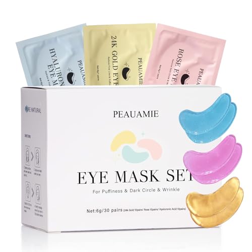 PEAUAMIE Under Eye Patches Gold and Hyaluronic Acid for puffy eyes,Rose Eye Masks for Dark Circles and Puffiness skin care Smooth Wrinkles products 30 Pairs -
