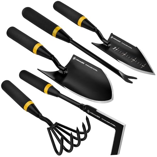Kemaier Garden Tool Set - Featuring a Heavy-Duty Stainless Steel Hand Cultivator, Transplant Shovel, Trowel, Crack Weeder, and Dandelion Weeder - The Ultimate, Unbreakable Gardening Gift -