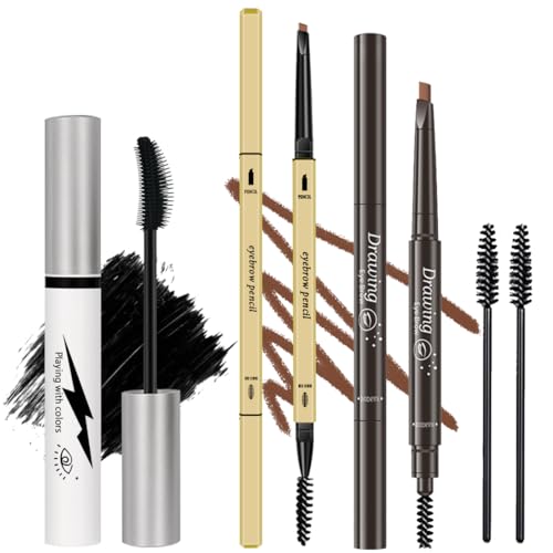 Generic 3 Different Silk Fiber Mascara,with eyebrow pencil,Eyebrow brush Natural Waterproof Smudge-Proof,All Day Exquisitely Long, Smudge-Proof Eyelashes (Brown, Black) -