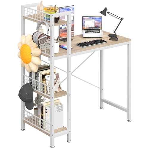 4NM 35.4" Small Computer Desk with 4-Tier Bookshelf and 8 Hooks, Home Office Desk Writing Workstation Study Table for Small Space Work - Natural and White -
