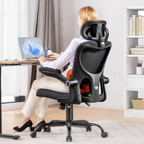 COMHOMA Ergonomic Office Desk Chair with 3D Adjustable Lumbar Support & Headrest, High Back Executive Computer Chair Comfy for Back Pain Relief, Flip-up Armrests (Black) -
