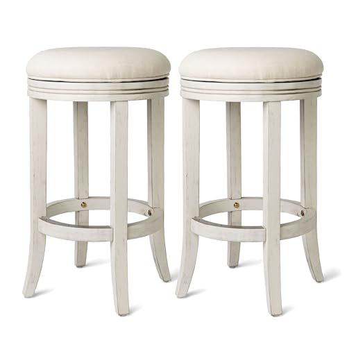 Maven Lane Eva 26 Inch Tall Counter Height Rotating Backless Barstool in White Oak Finish with Natural Color Fabric Upholstered Seat -